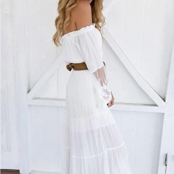 White Boho Off Shoulder Festival Gown Dress Maxi | Color: White | Size: M | Ootdfashion91'S Closet